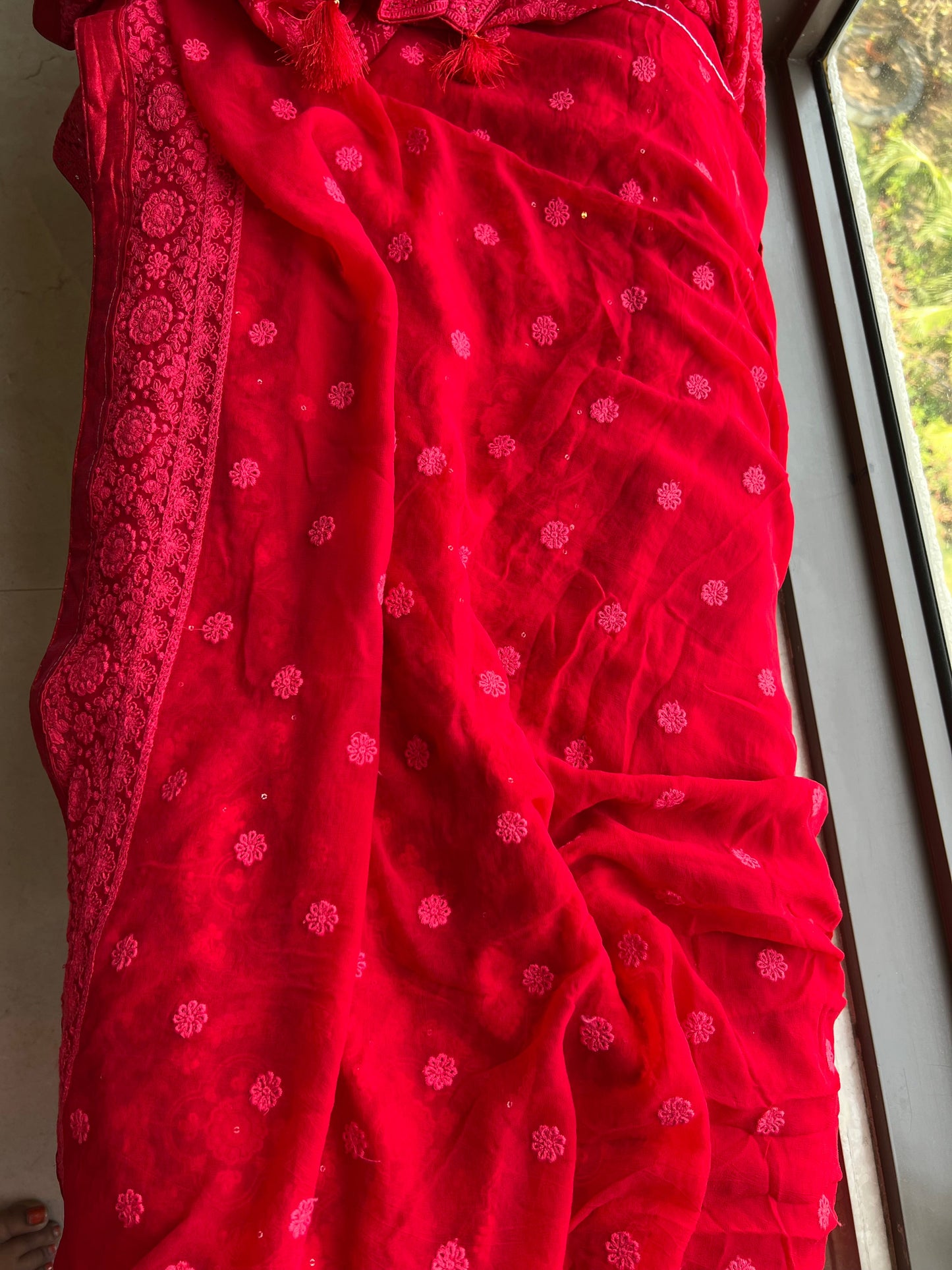 Red Chikankari saree Georgette sari blouse SaffronFashion