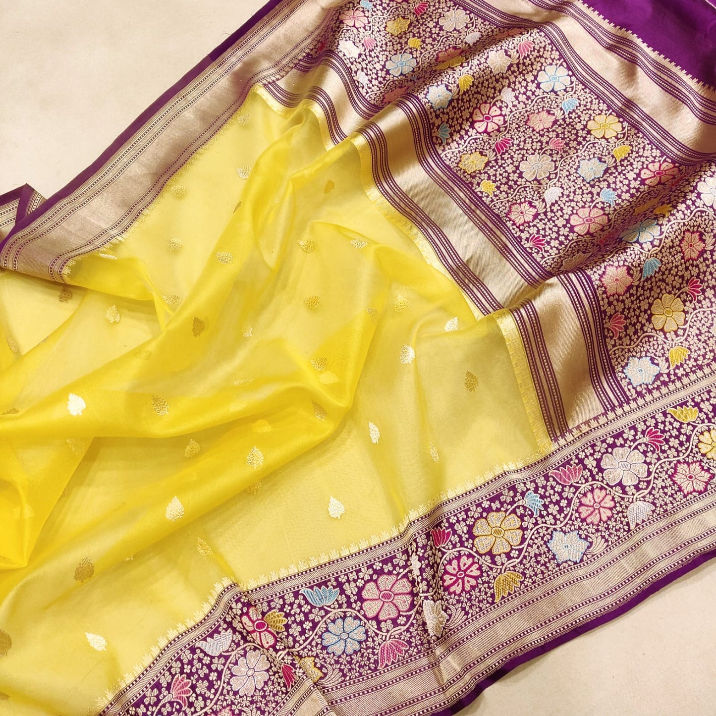 Kivara yellow Meenakari handwoven kora sarees - Saffronfashionindia