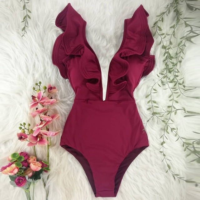 One Piece Swimsuit Women Swimwear Bodysuit Ruffle Beach Wear - Saffronfashionindia