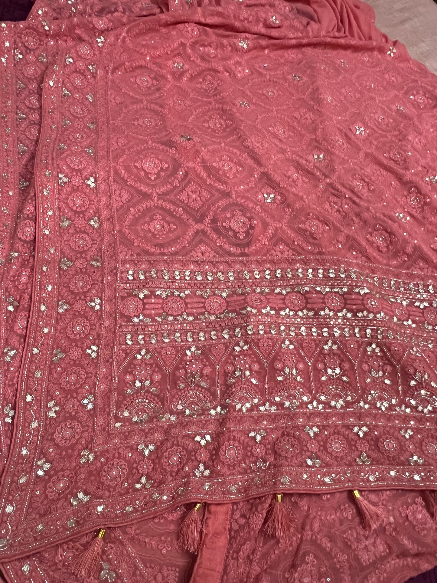 Peach Chikankari saree gorgette saree Indian saree women sari blouse - Saffronfashionindia