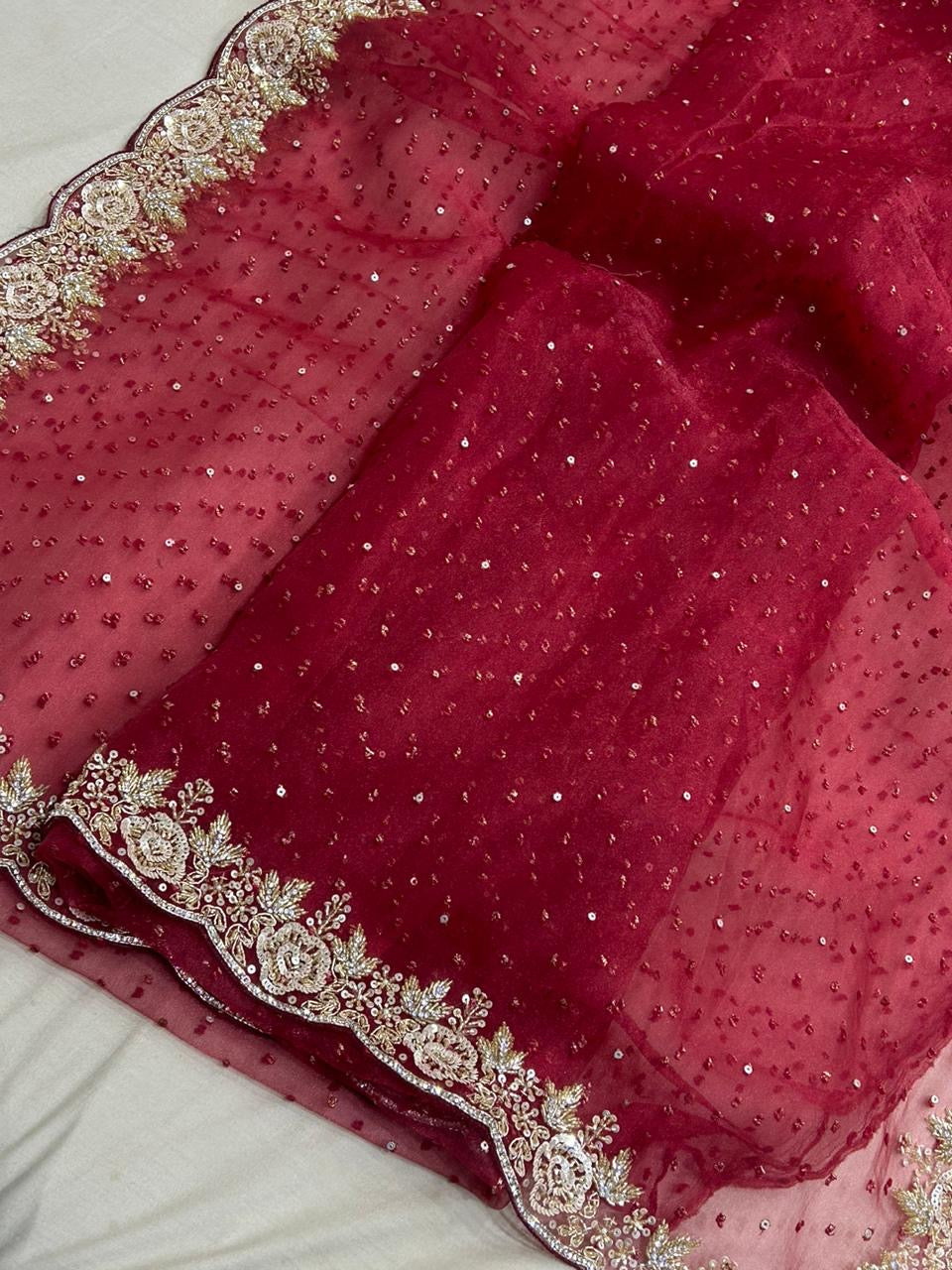 Partywear Red Organza Saree Indian saree - Saffronfashionindia