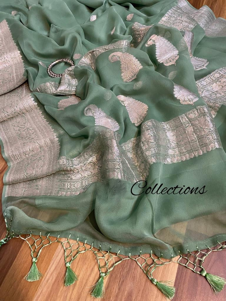 Sage green handwoven chiffon saree - Saffronfashionindia