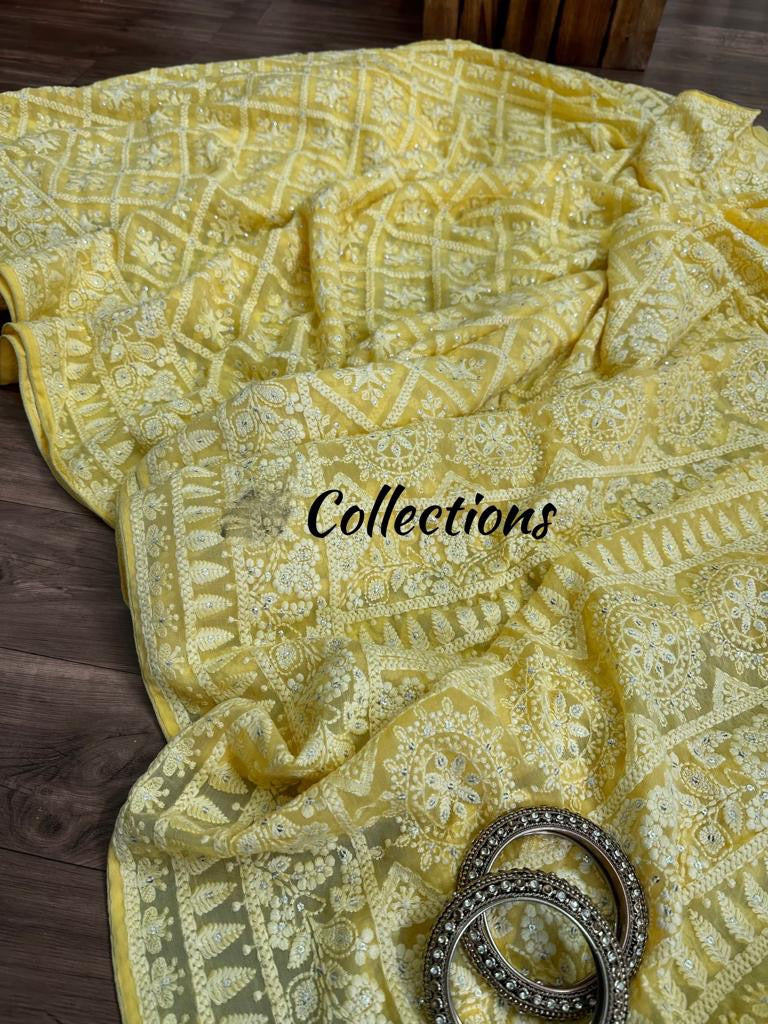 Chikankari beautiful Gorgette sarees women sari - Saffronfashionindia