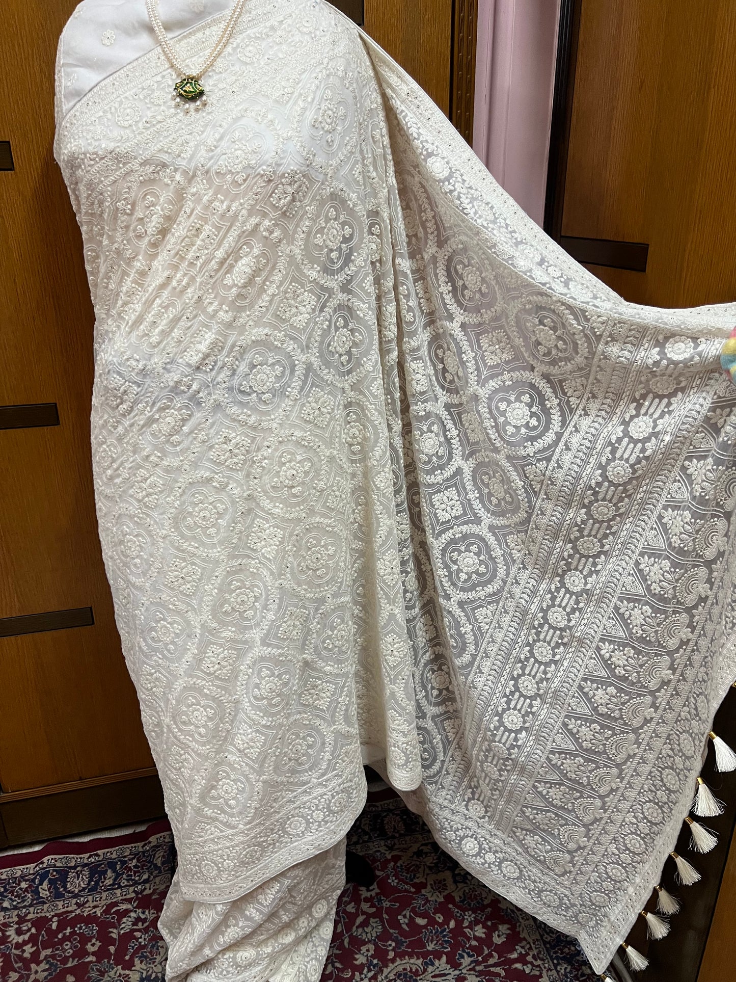 White Chikankari Saree Gorgette Sarees - Saffronfashionindia