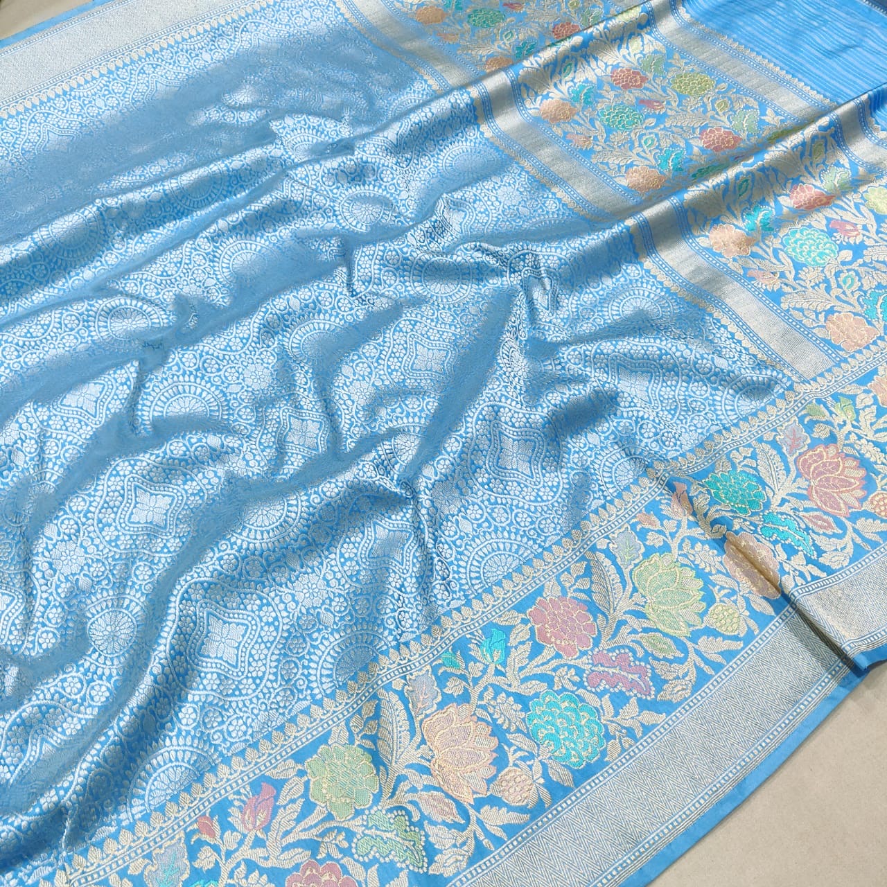 Firoza blue Katan silk saree handwoven sarees - Saffronfashionindia