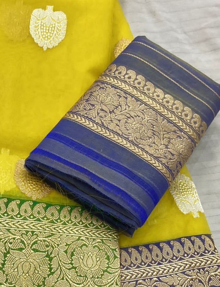 Leena yellow banarsi sarees kora saree - Saffronfashionindia