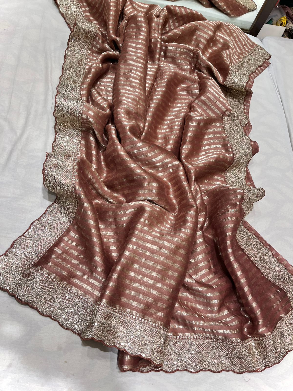 Chanderi Silk saree striped party wear women sarees blouse SaffronFashion