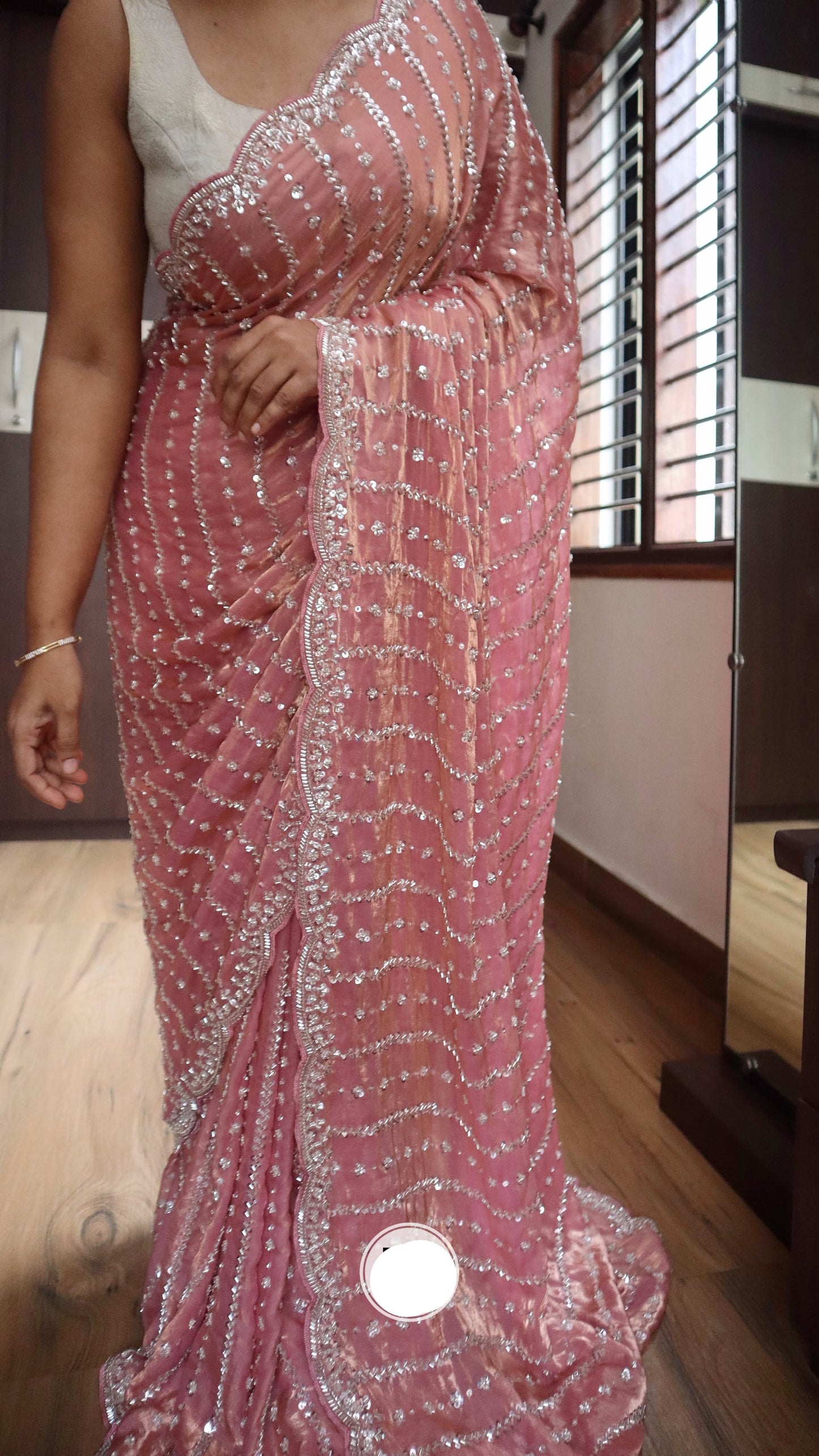 Peachy crepe silk saree Partywear sequins sarees - Saffronfashionindia