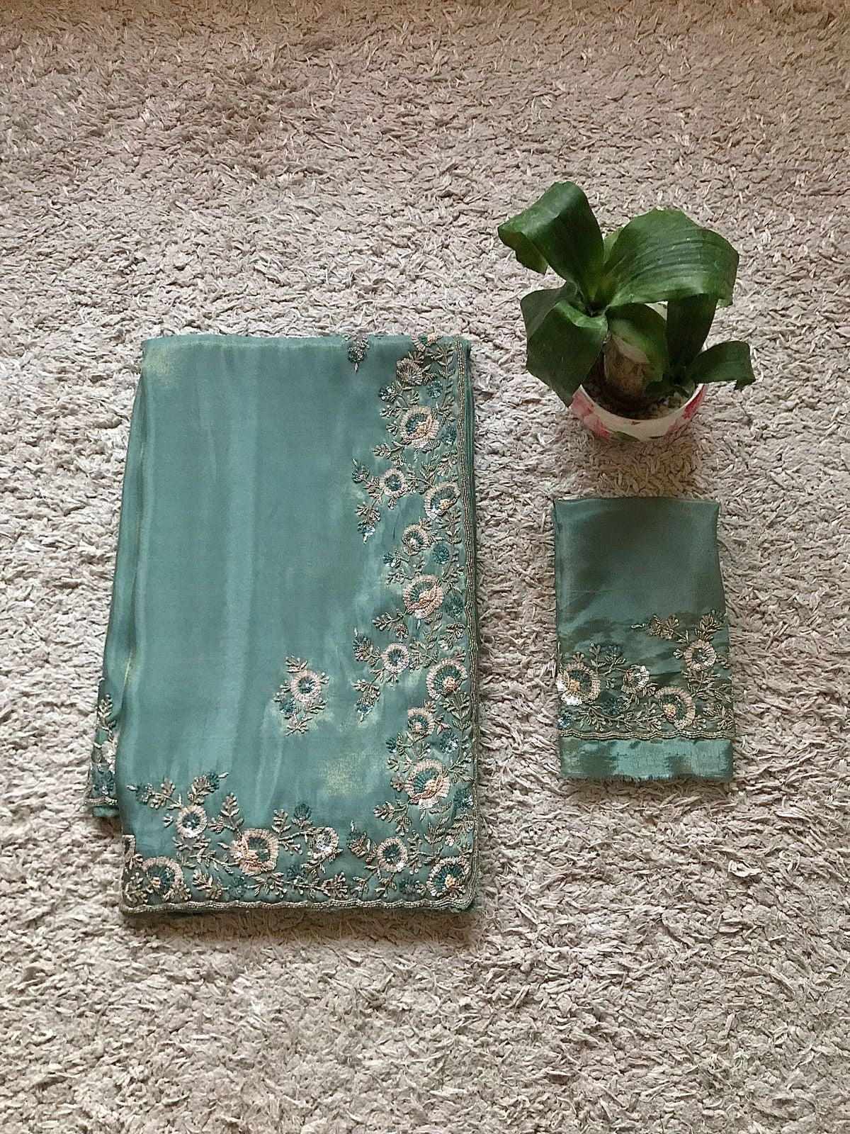 Sea green Banarsi saree tissue Zari saree Indian sari blouse SaffronFashion
