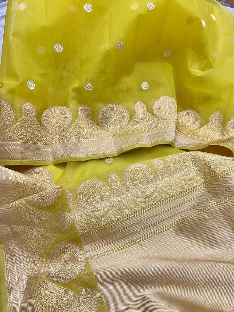 Yellow kora handloom banarsi saree - Saffronfashionindia