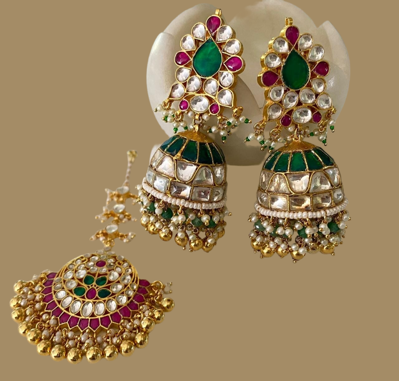 Sonashi pacchi Kundan set tikka set jhumki set - Saffronfashionindia