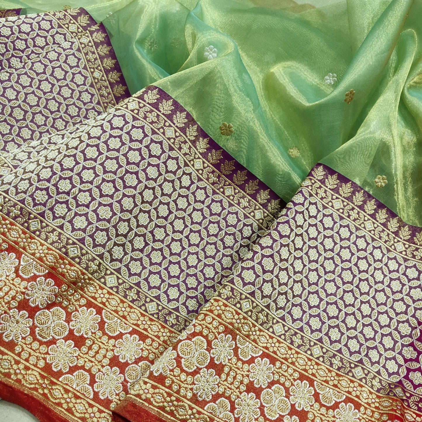 Green tissue handwoven Zari saree Indian sarees - Saffronfashionindia