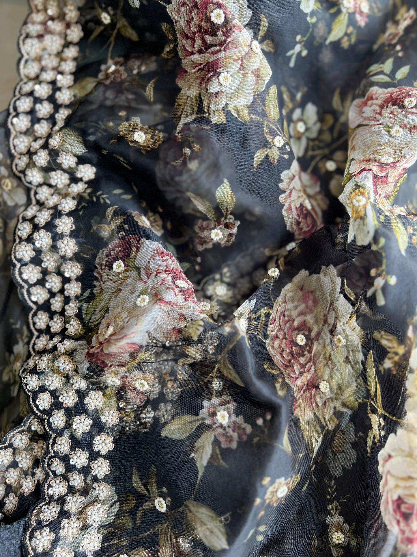 Black floral saree Organza saree Indian sari blouse - Saffronfashionindia