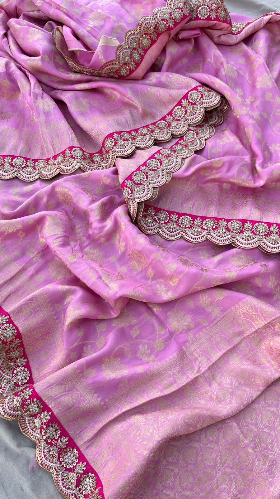 Pink Bordered Munga Silk Banarsi Weaved Saree - Saffronfashionindia