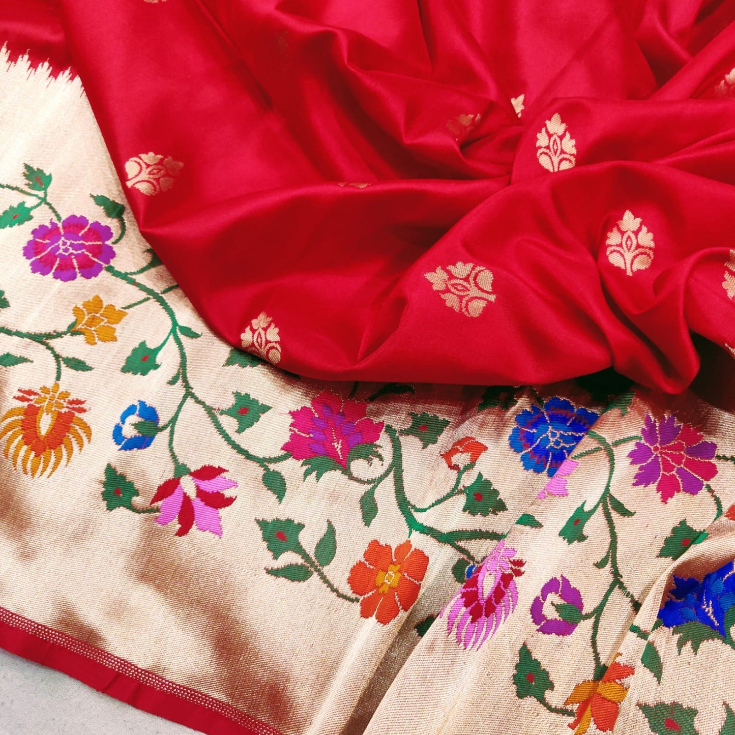 Red Katan handwoven silk saree - Saffronfashionindia