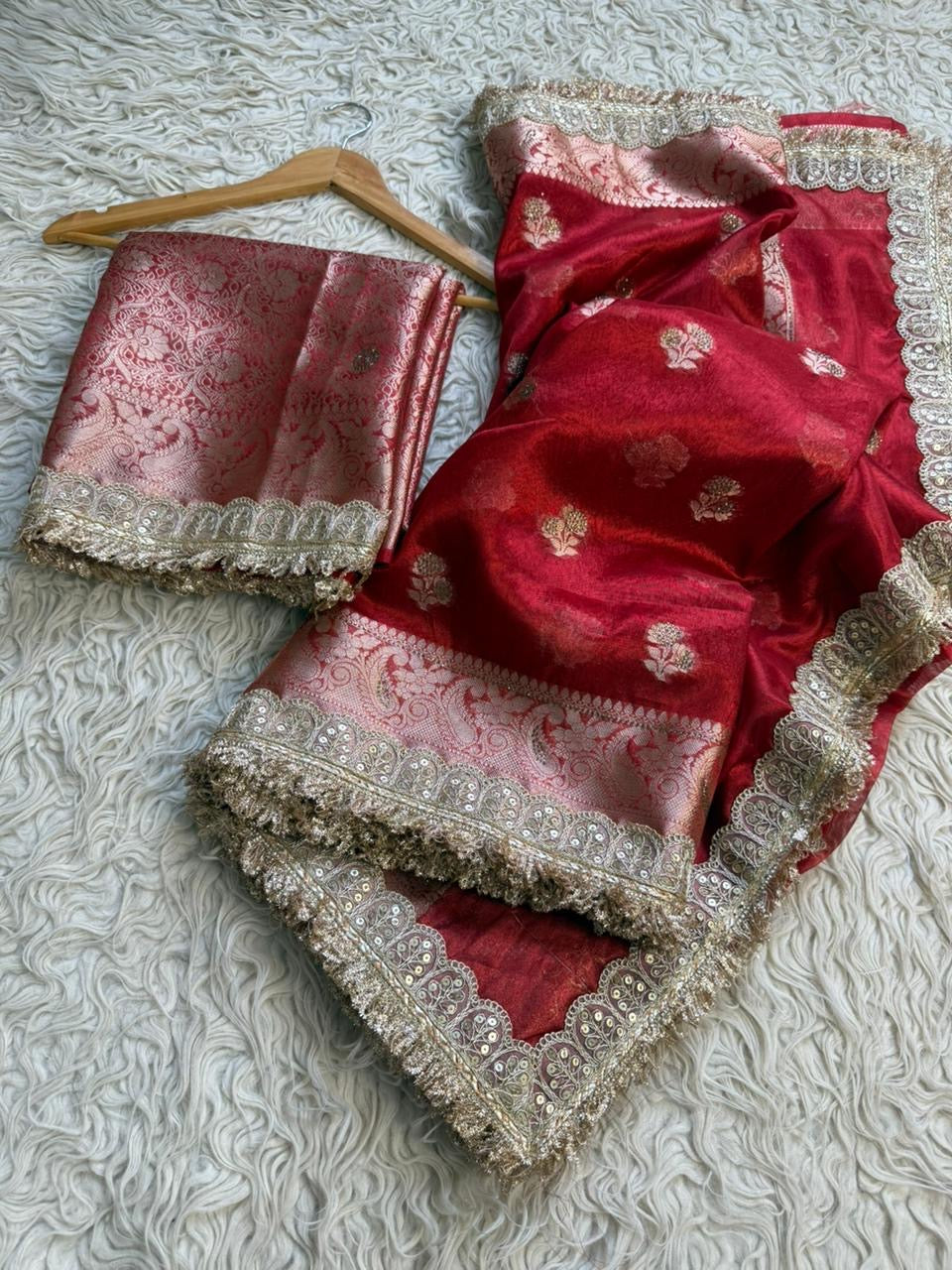 Red Banarsi saree tissue silk saree Indian sari blouse SaffronFashion
