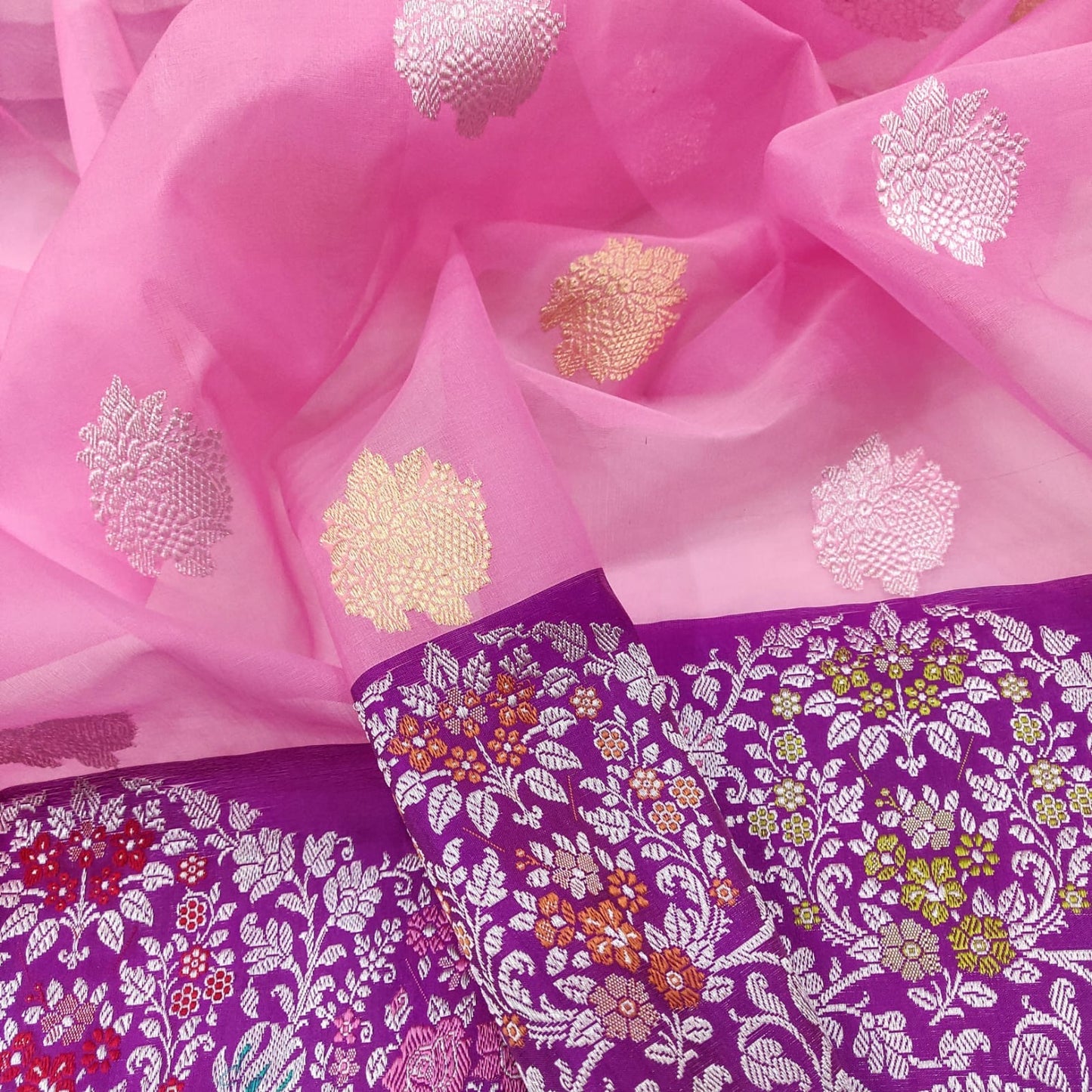 Pink kora kadwa handwoven sarees - Saffronfashionindia