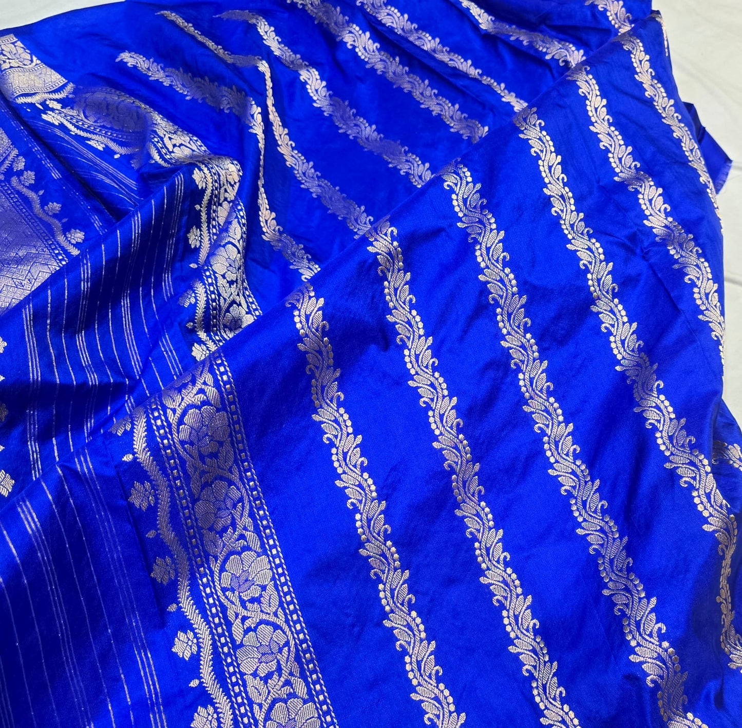 Blue katan silk saree Banarsi saree handwoven sari blouse Saffronfashionindia