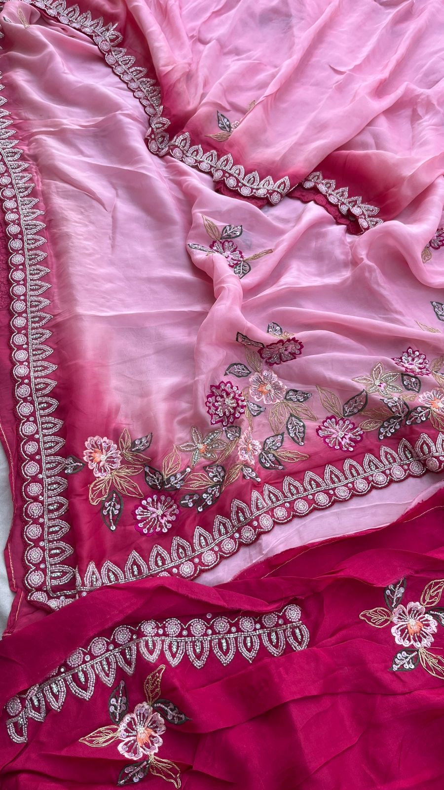 Satin Pink Pearl Organza Sarees Partywear Sarees - Saffronfashionindia