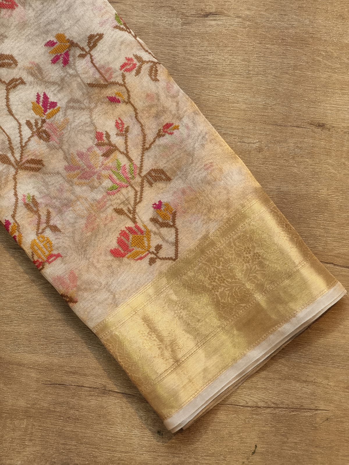 Embroidered tissue silk organza sari - Saffronfashionindia