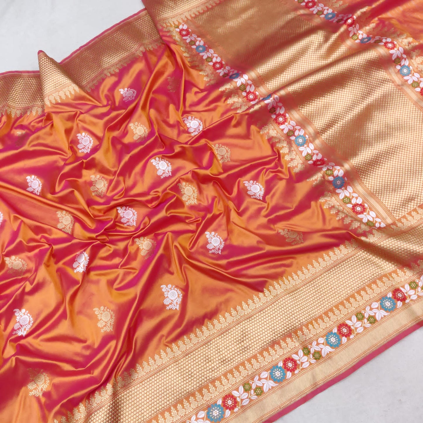 Hot orange Katan Meenakari Silk Saree - Saffronfashionindia