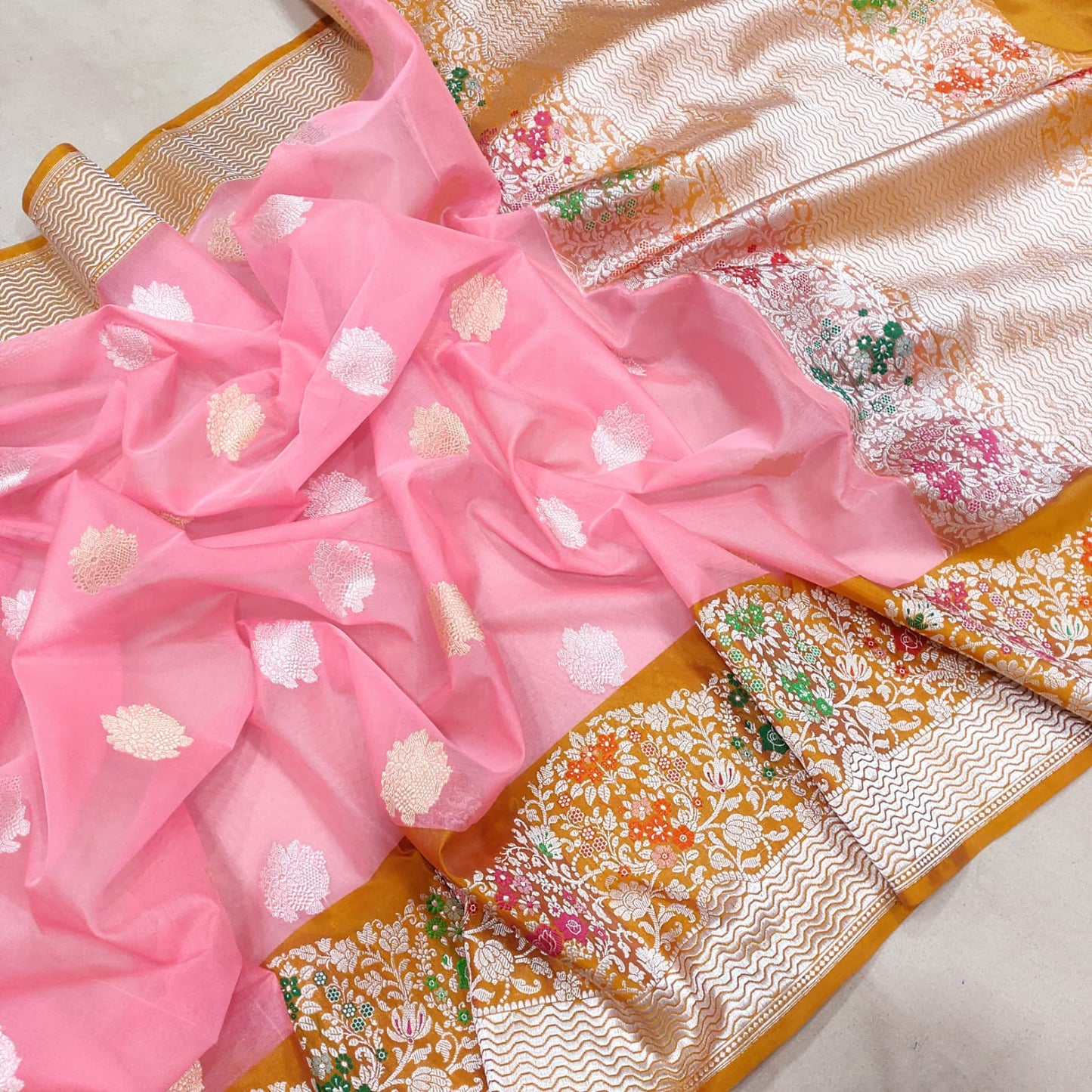 Pink kora handwoven kadwa saree - Saffronfashionindia