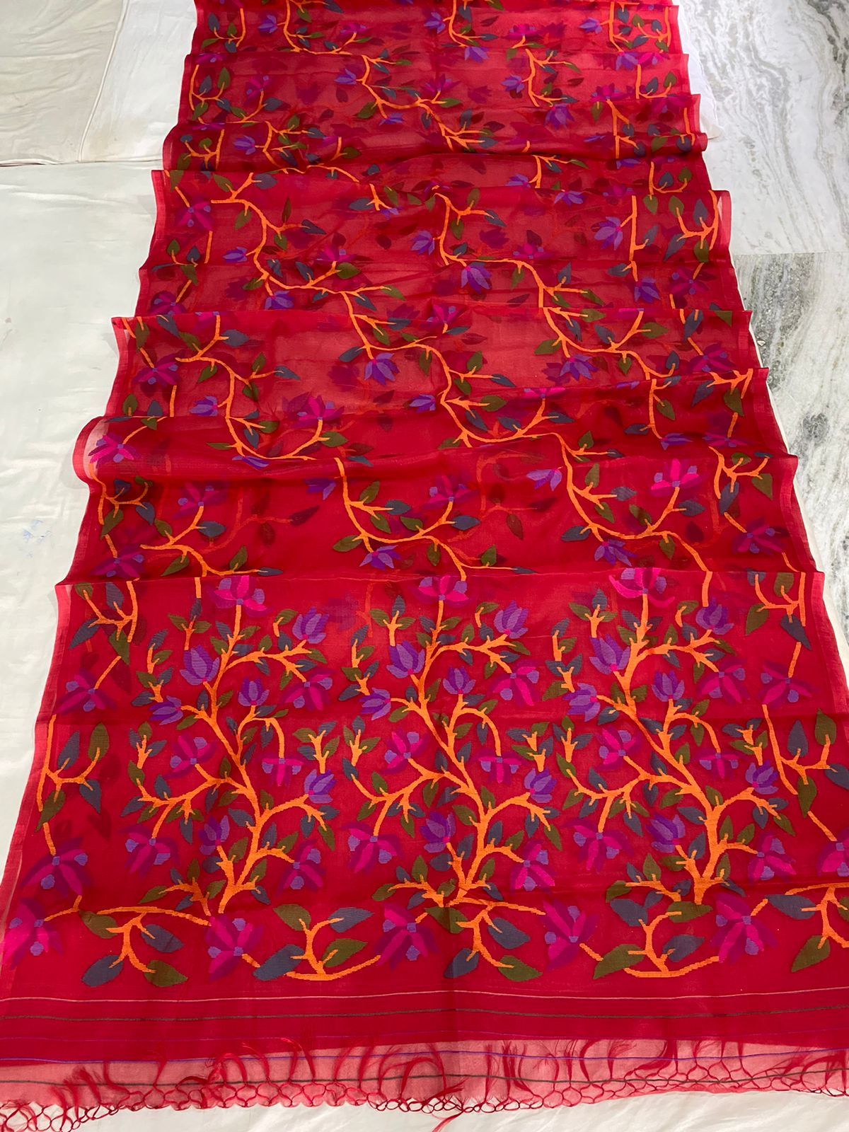 Red tantuj muslin jamdani saree - Saffronfashionindia