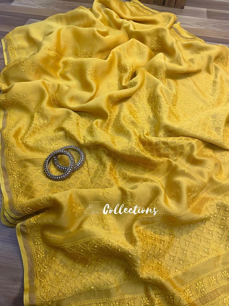 Daisy yellow Chikankari saree - Saffronfashionindia