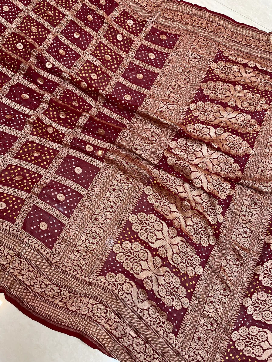 Munisha Banarsi bandhej saree - Saffronfashionindia