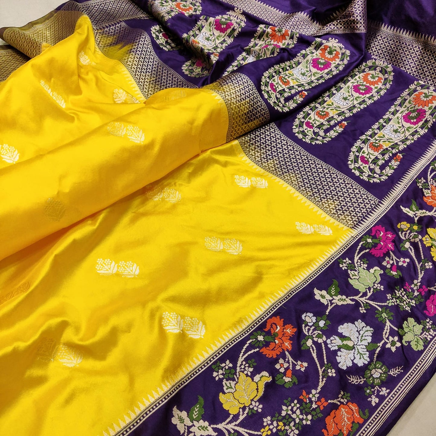 Yellow Katan handwoven zari saree - Saffronfashionindia