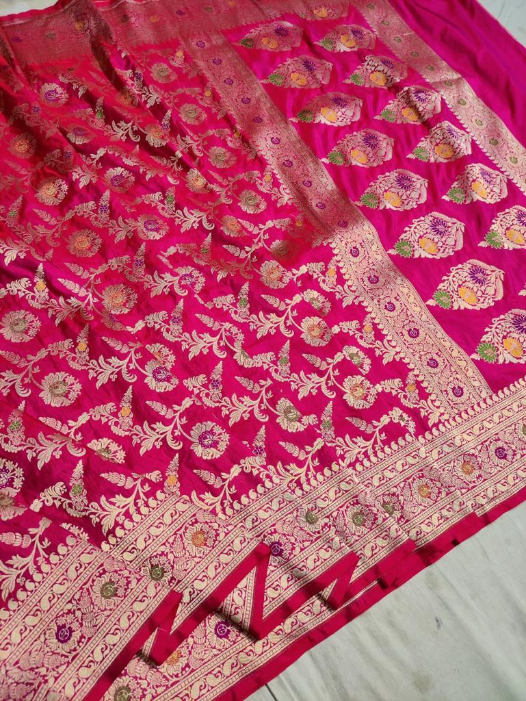 Lavina Banarsi handloom Meenakari katan saria - Saffronfashionindia