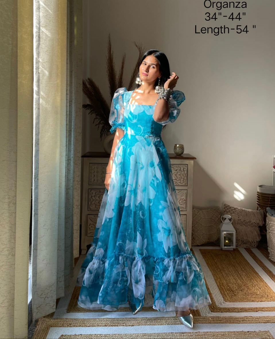 Blue organza stylish gown partywear dress – Saffronfashionindia
