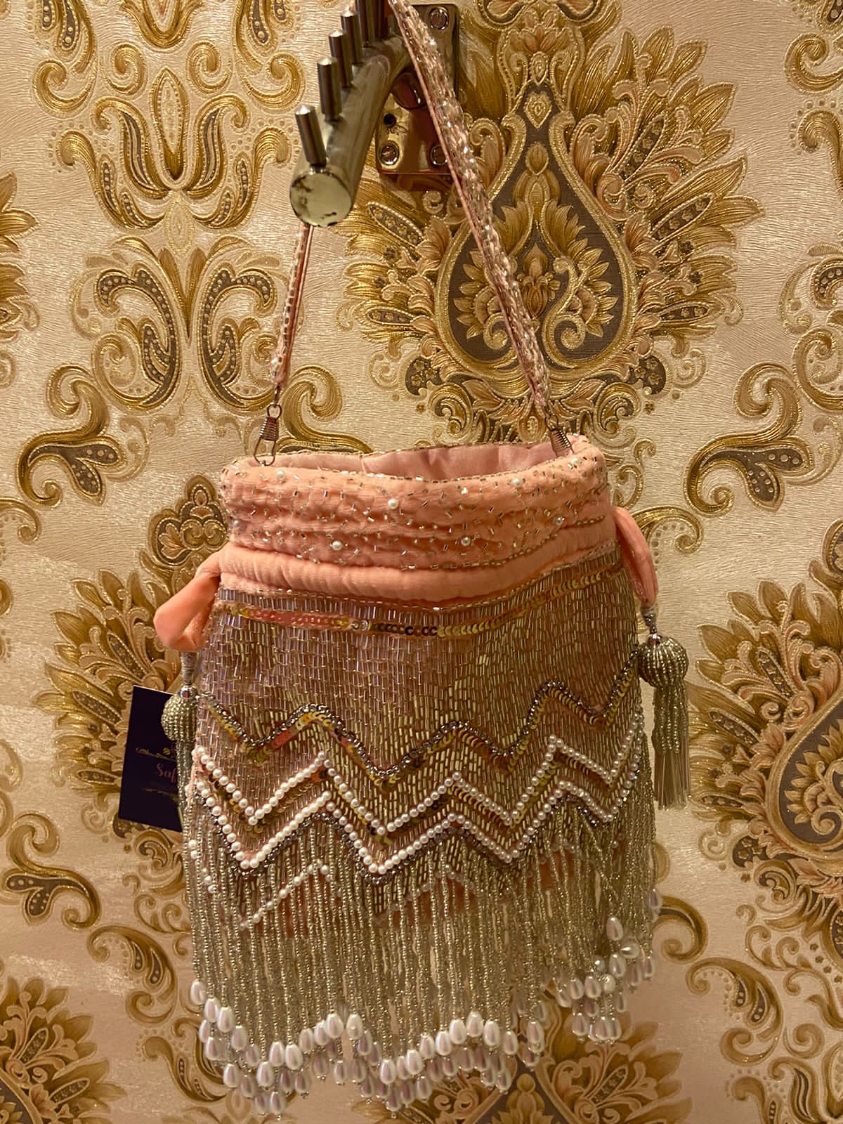 Sequins pink pearl potli - Saffronfashionindia