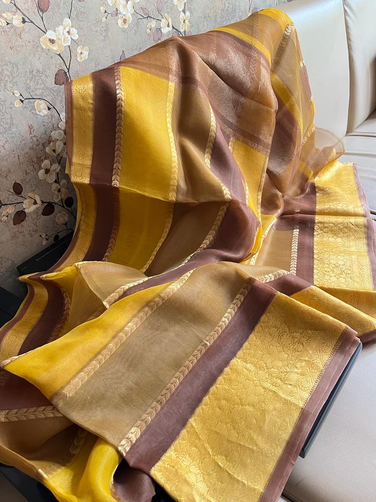 Striped kora banarsi saree - Saffronfashionindia