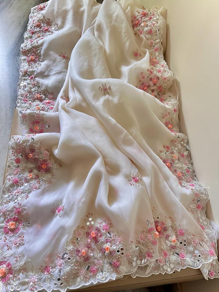 Shamsha organza embroidery saree - Saffronfashionindia