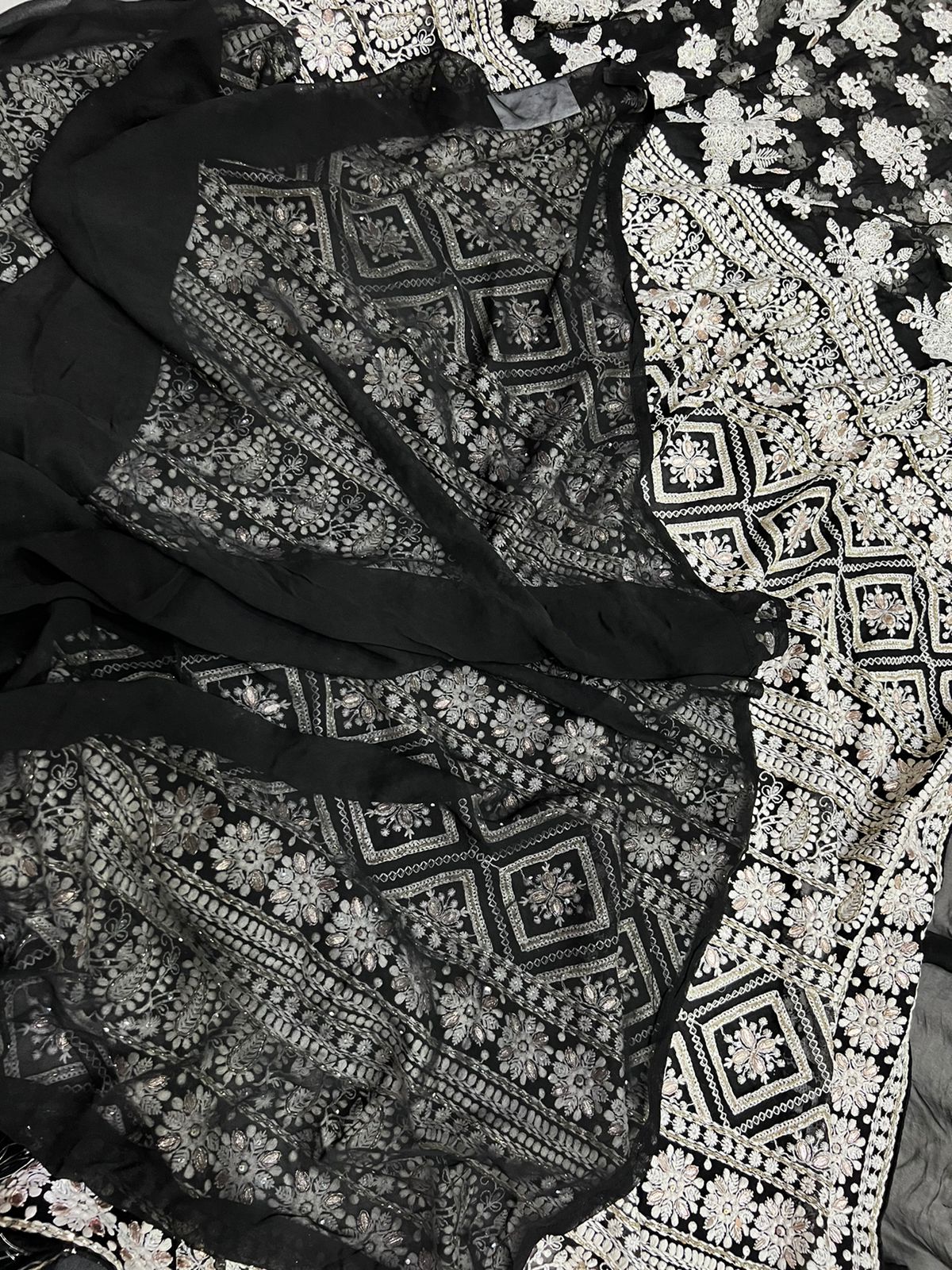 Black white Chikankari gottapatti saree - Saffronfashionindia