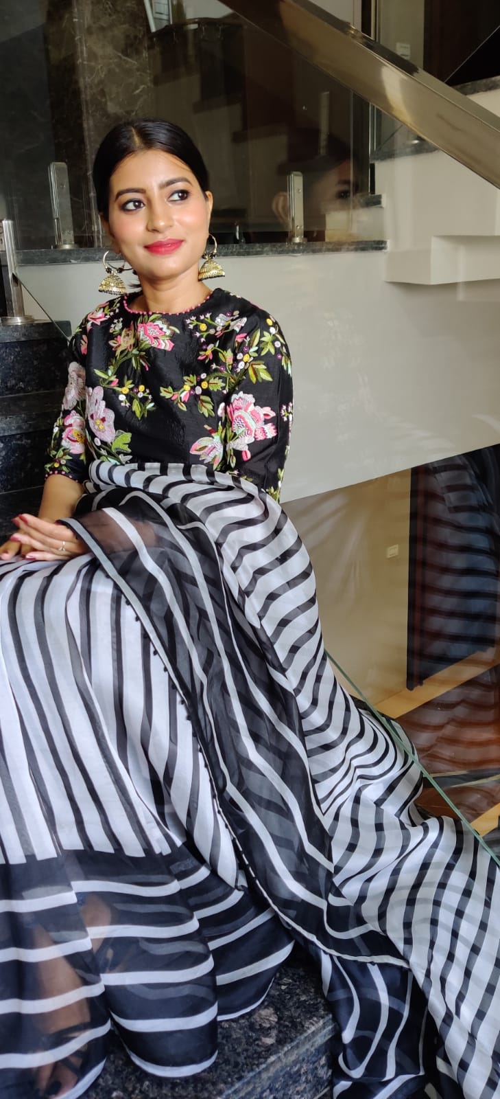 Striped sexy organza saree - Saffronfashionindia