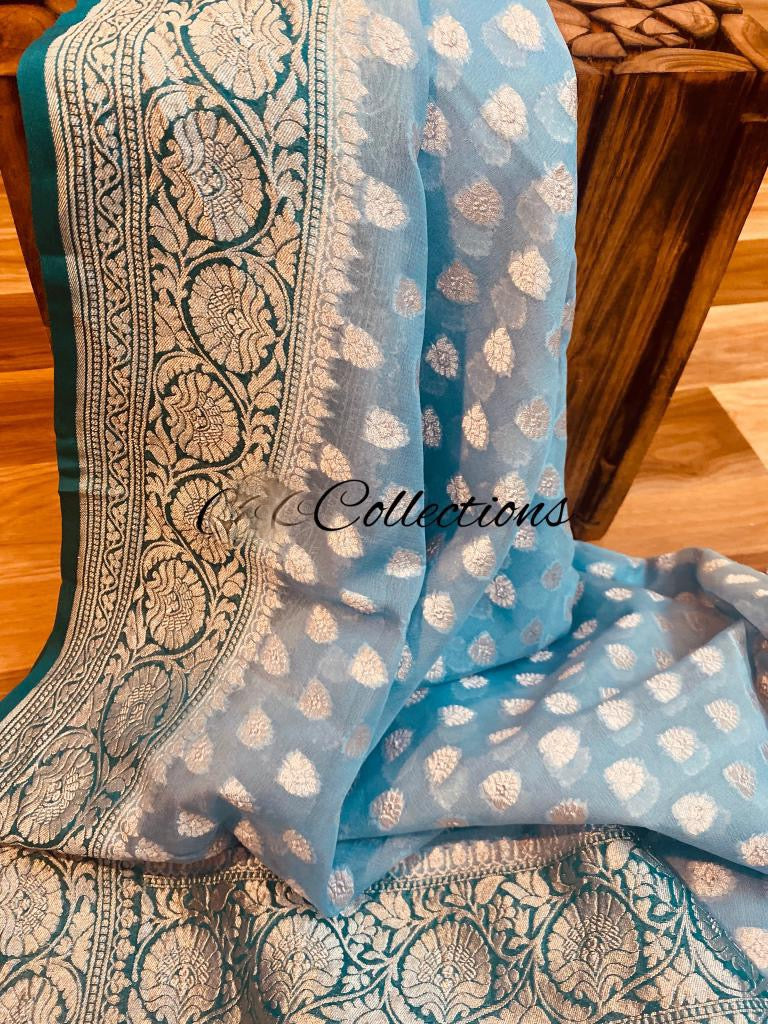 Noshina blue khaddi gorgette saree - Saffronfashionindia