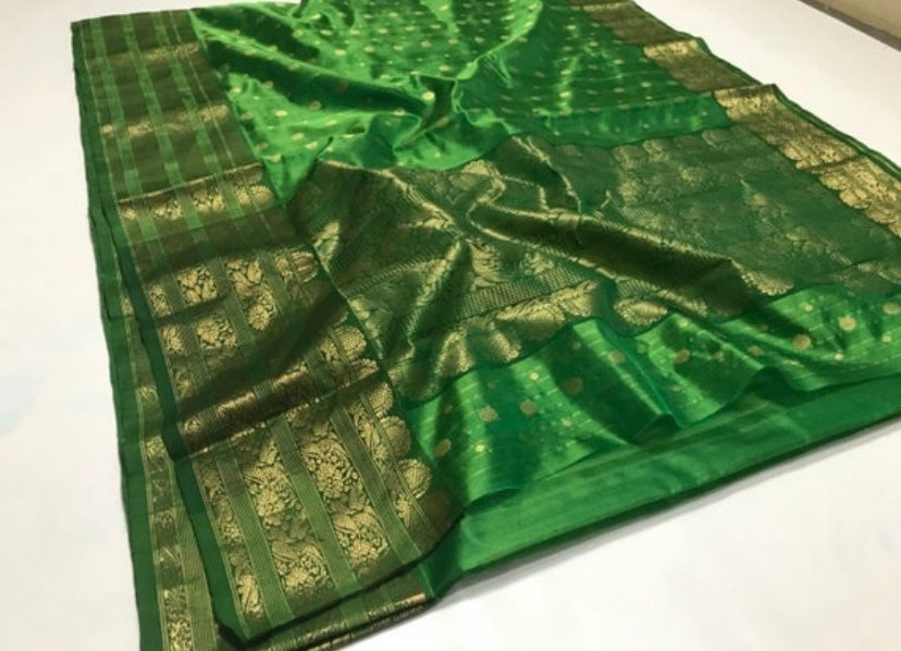 Green Chanderi saree - Saffronfashionindia