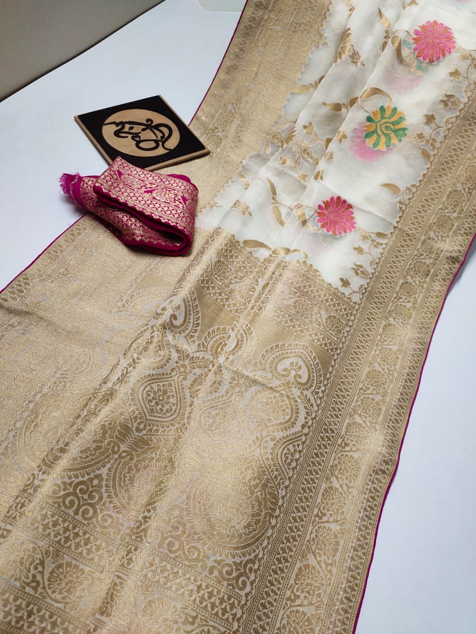 Floral banarsi gorgette saree - Saffronfashionindia