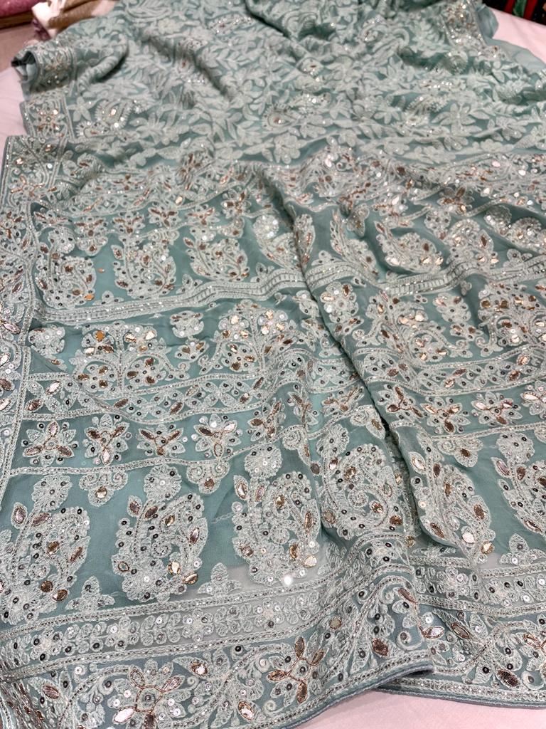 Mahira gorgette Chikankari saree - Saffronfashionindia