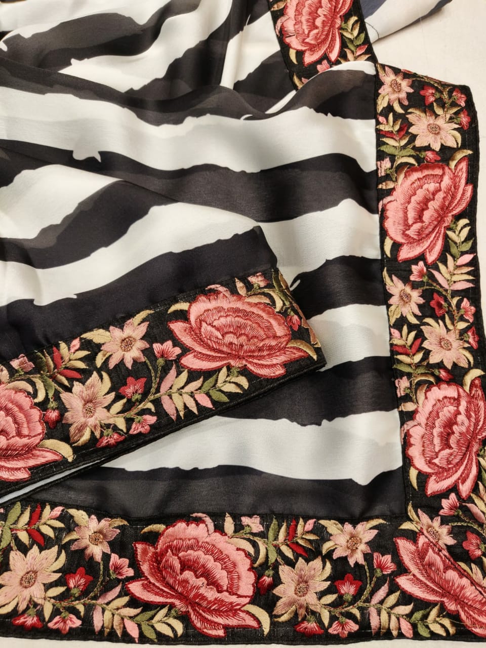 Striped satin floral saree - Saffronfashionindia