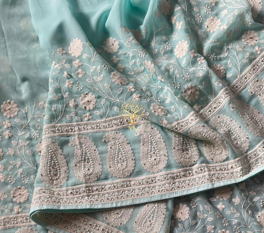 Naisha gorgette Chikankari saree - Saffronfashionindia