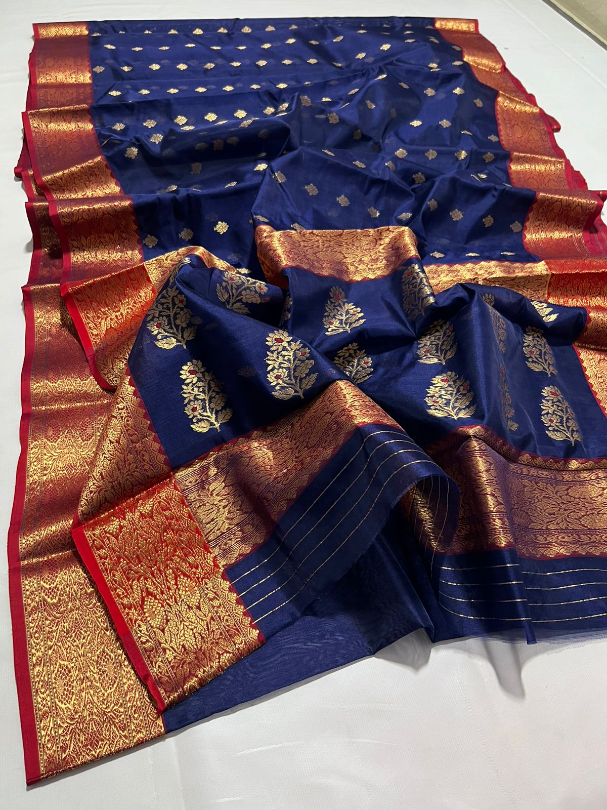 Royal blue Chanderi saree - Saffronfashionindia