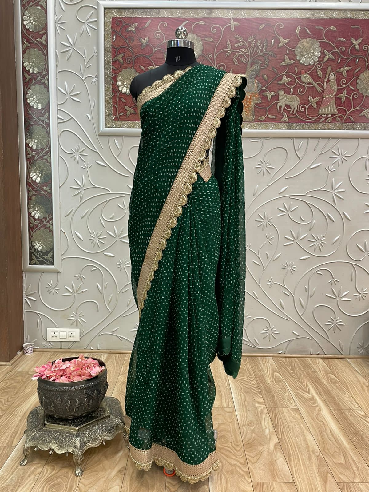 Bandhani lehariya organza saree - Saffronfashionindia