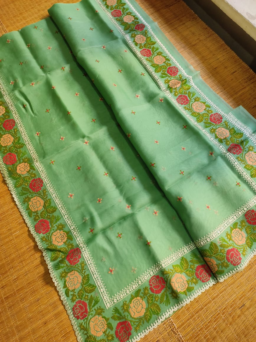 Organza cross stitched saree - Saffronfashionindia