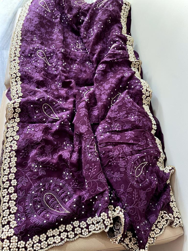 Pearl gorgette jaal saree - Saffronfashionindia