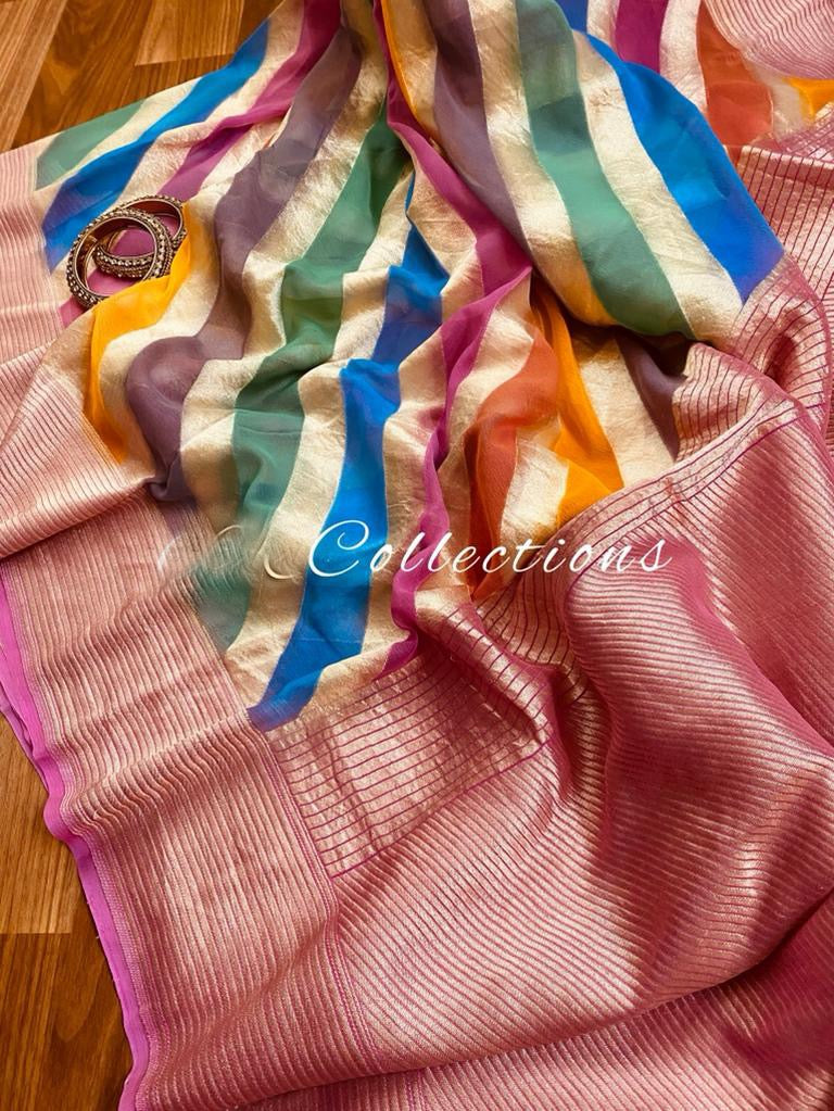 Handwoven striped gorgette saree - Saffronfashionindia
