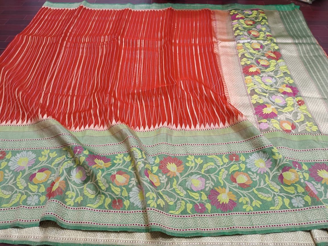 Red kora Meenakari saree - Saffronfashionindia