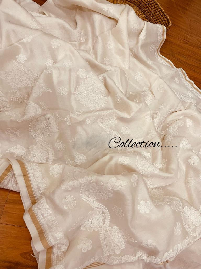 Handwoven Lucknowi Chanderi saree - Saffronfashionindia